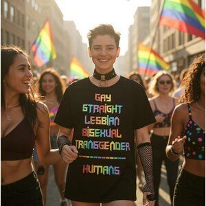 Club Exx ✦ Human Nature Glitter Tee ✦ Black Rainbow Pride Graphic Crew Neck L